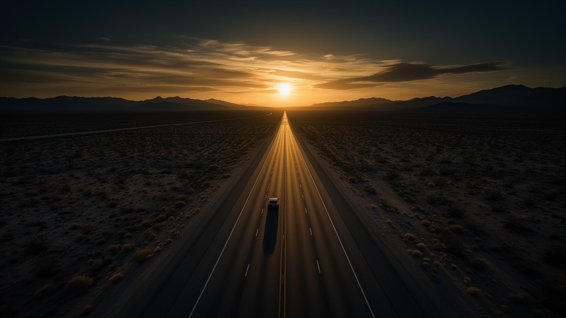 Aerial drone shot of an open desert highway at sunset