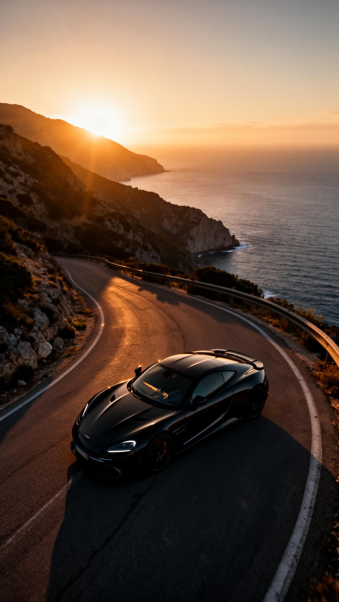 Aerial drone shot of a black supercar on a coastal mountain road